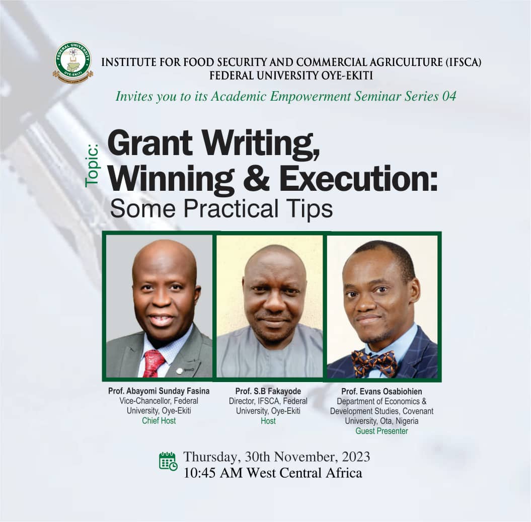 Prof Evans Osabuohien gives Practical Tips on Grant Winning and Execution at Federal University Oye-Ekiti (FUOYE)